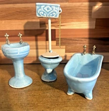 Vintage Doll House Bathroom Suite Ceramic Aqua Teal Light Blue Tub Sink Toilet
