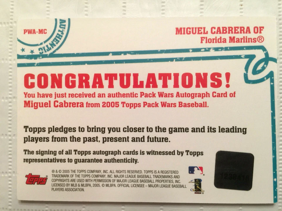 2005 Topps Pack Wars MIGUEL CABRERA On Card Autograph Rare Short Print Tigers  - Image 2 of 2