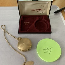 Arnex Gold Tone Pocket Watch W/ Gold Filled Chain Mechanical Hardly Used
