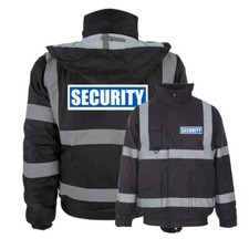 Black Reflective Security Hi Vis Bomber Jacket Printed Work Coat High Viz