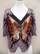 Vintage Beaded Sequin Butterfly Top Beyonce 1980s Disco Party Silk Rayon Blouse