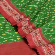 Sanskriti Vintage Saree Green Pochampally Hand Woven Ikat Pure Silk Sari Fabric