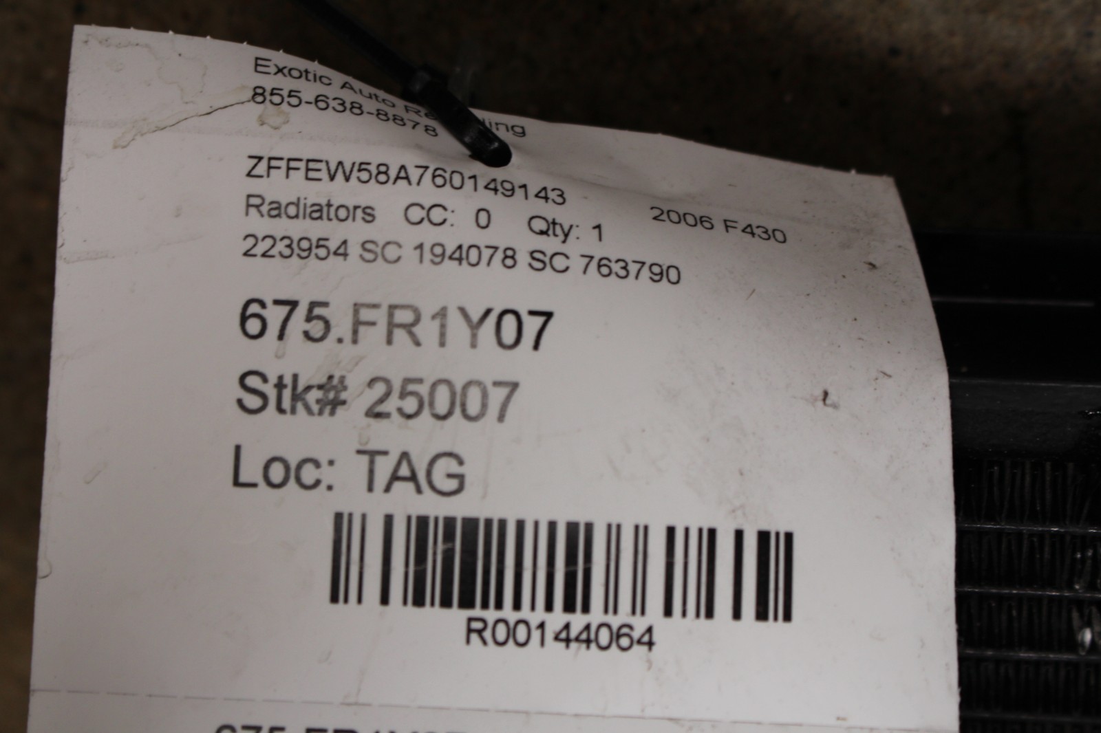 Ferrari F430, Radiator, Used, P/N 223954 sc 194078 sc 763790
