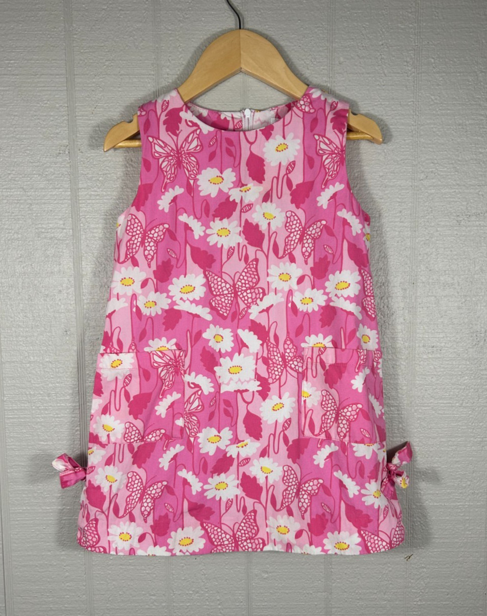 Lilly Pulitzer White Label Girls Sz 4 Shift Dress Pockets Daisy Butterfly Pink
