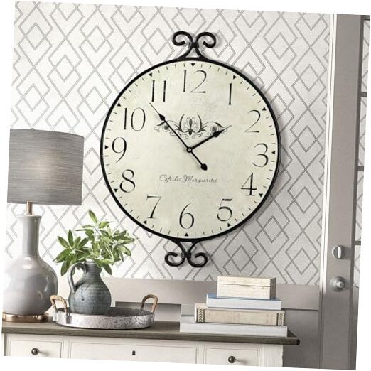 24 Inch Large Farmhouse Wall Clock, Wrought Iron Frame with Warm Gray Finish,