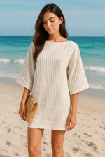 Banana Republic Shift Mini Dress Women 6 Ella Linen Stripe Wide Sleeve Nautical