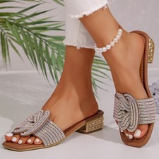 Women's Rhinestone Bow Slide Sandals Open Toe Block Heel Slip-On Mules Shoes