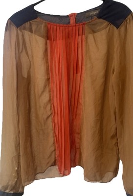 Umgee Sheer Colorblock Blouse S  Pleated Coral Front Navy Trim, Lightweight Chic