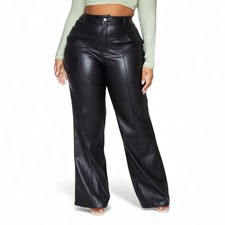 PrettyLittleThing Plus Black Faux Leather Wide Leg Seam Detail Trouser NWT US 24