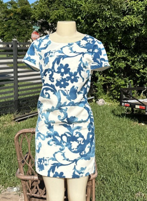 MOSCHINO CHEAP & CHIC WHITE & BLUE FLOWER & STRIPES PRINT SHORTSLEEVE DRESS Sz 6