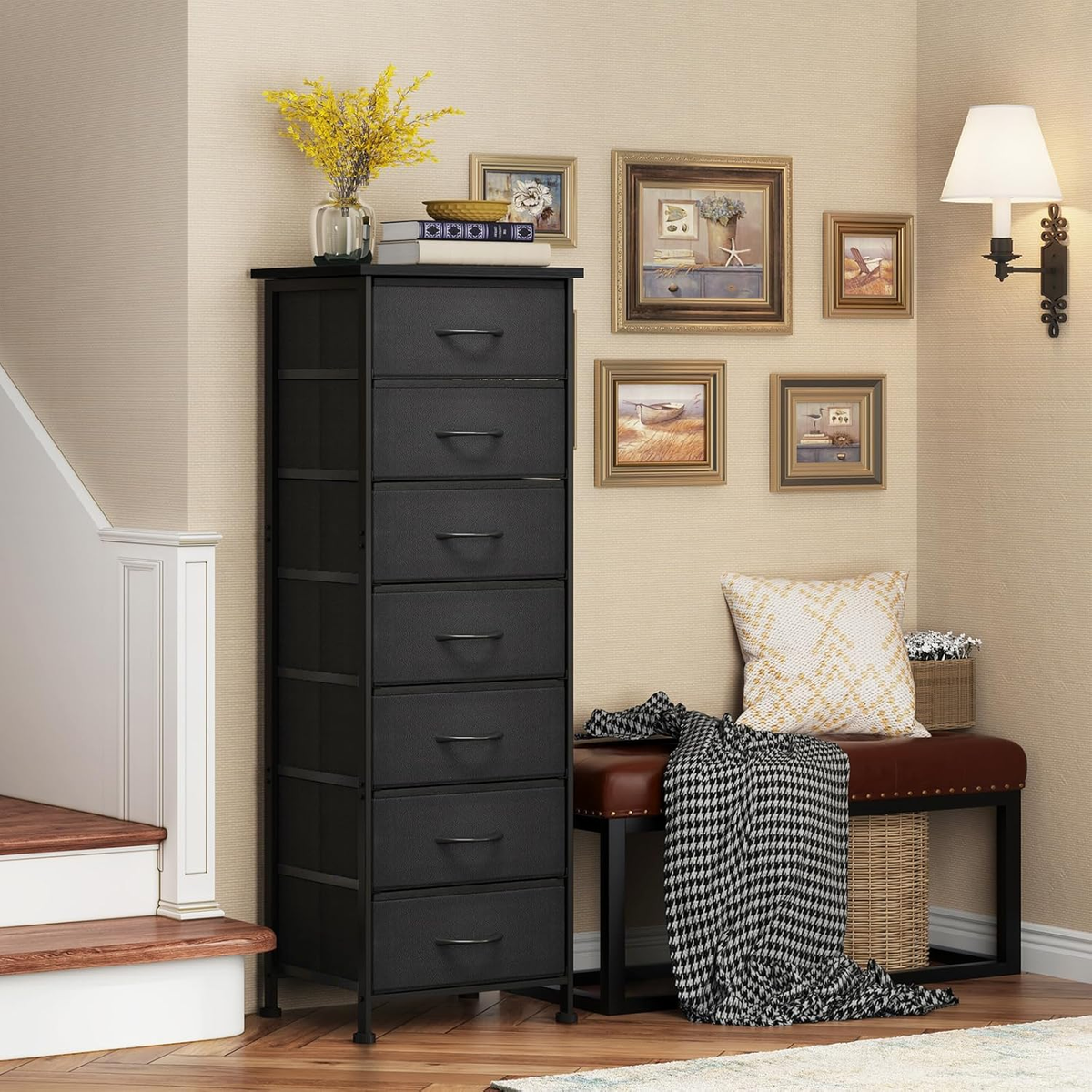 Black Tall Skinny Dresser for Bedroom, Narrow Storage Dresser Organizer  with 7 F