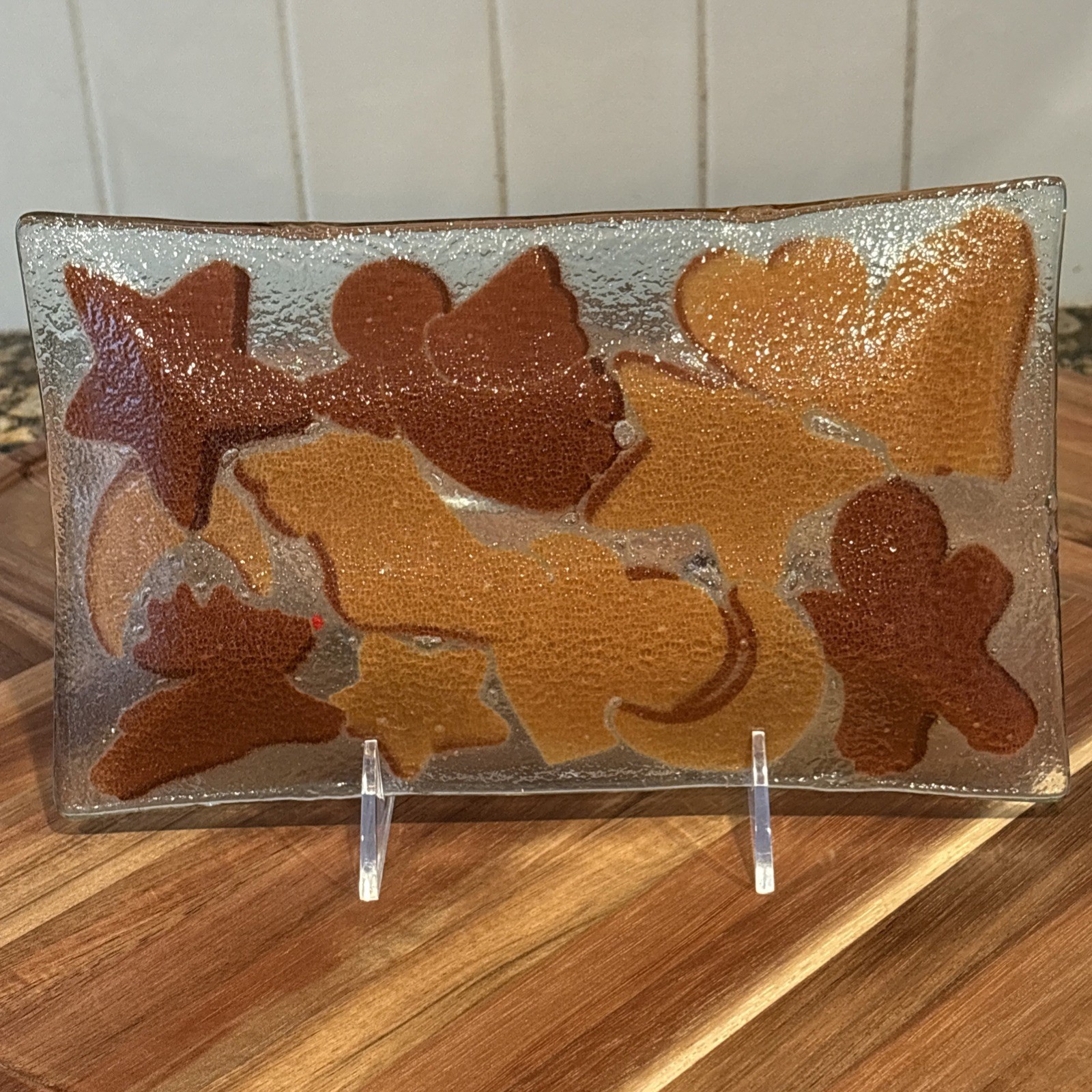 Peggy Karr Fused Glass Christmas Holiday Cookies Gingerbread Tray Plate 5.5x10”