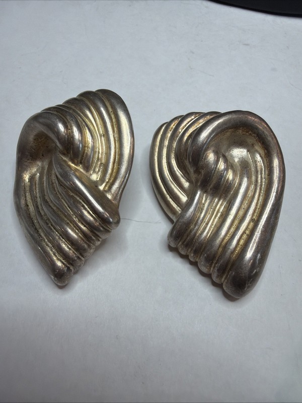 Vintage 925 Sterling Silver Chunky Fluted Ribbon Swirl Wing ClipOn Earrings F9