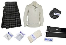 Men Scottish 9 Pieces 8 Yards Kilt Outfit with Sporran, Granite Tartan