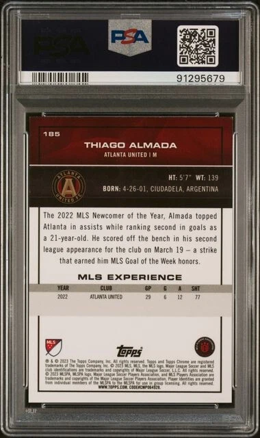 2023 Topps Chrome MLS Thiago Almada Blue Wave #'d/199 PSA 9 MINT #185 Atlanta - Image 2 of 2