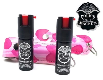 2 PACK Police Magnum pepper spray 1/2oz Pink Heart Keychain Holster Security