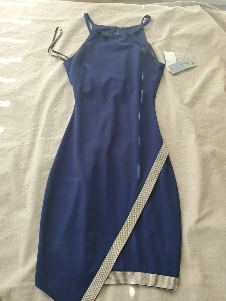Vestido Juniors Asimétrico-Dobladillo Estrás Fiesta Ropa Halter Cuello Azul Marino ¡NUEVO! Foto 2 de 4