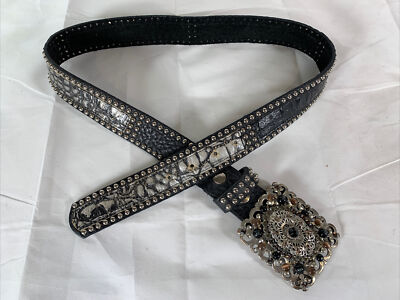 Leatherock Leather Rock Statement Belt Silver Stones Studs Woven Black Sz L 36 s-l400.jpg main image 2