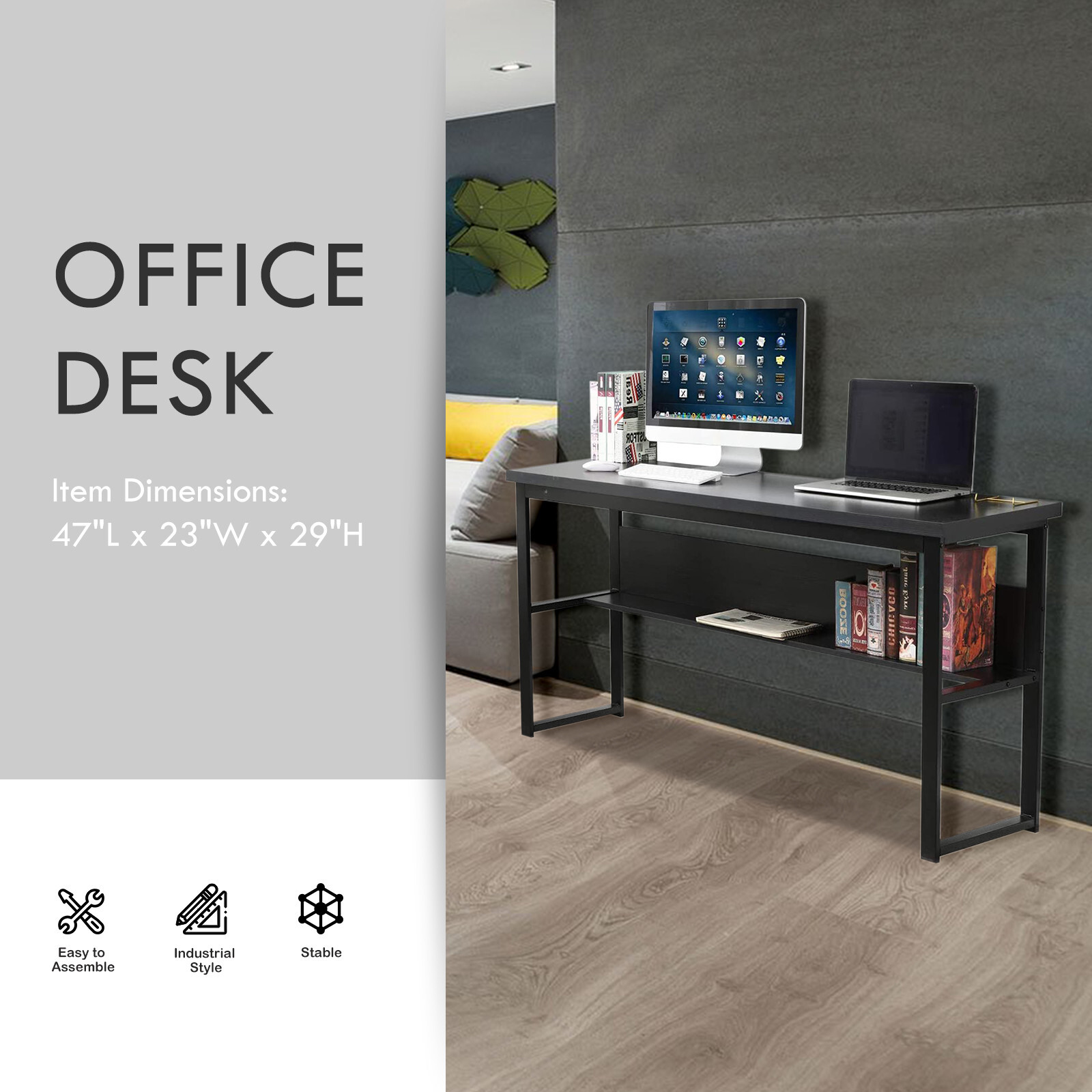 47" Computer Desk Laptop Table Study Workstation Home Office Furniture Bookshelf