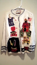 Vintage Tacky Teacher Cardigan Sweater - Crystal Kobe - Large L - White