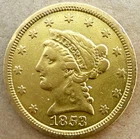 1853 $2.50 US Gold Liberty Head Quarter Eagle XF Coin