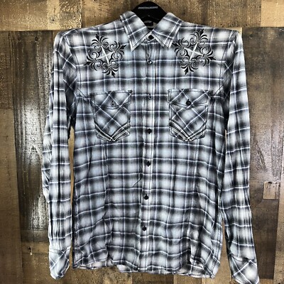 Men s Roar Vintage Y2K Button Down Long Sleeve Shirt  XL Gray Black embroidery