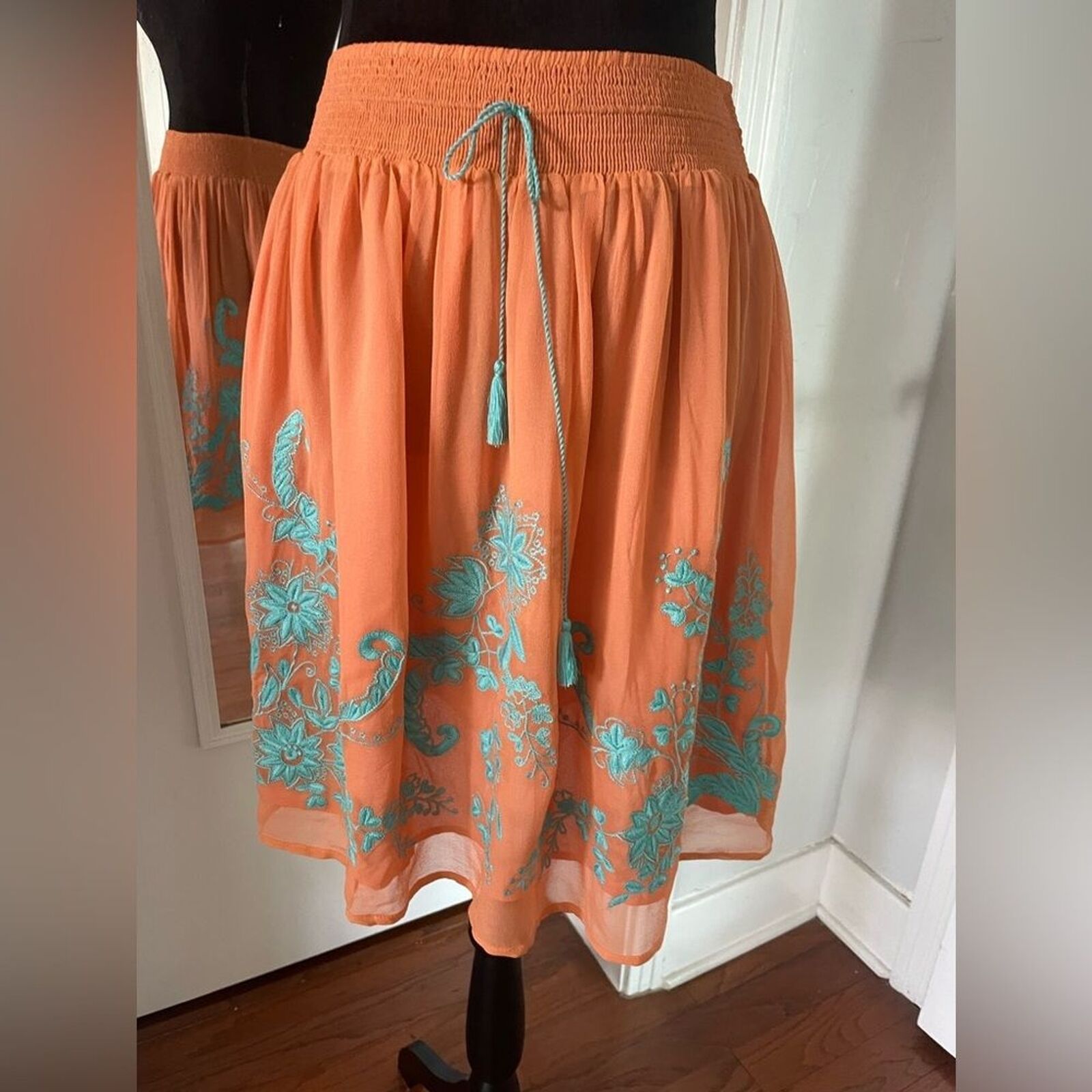 Sundance embroidered silk skirt coral and turquoi… - image 3