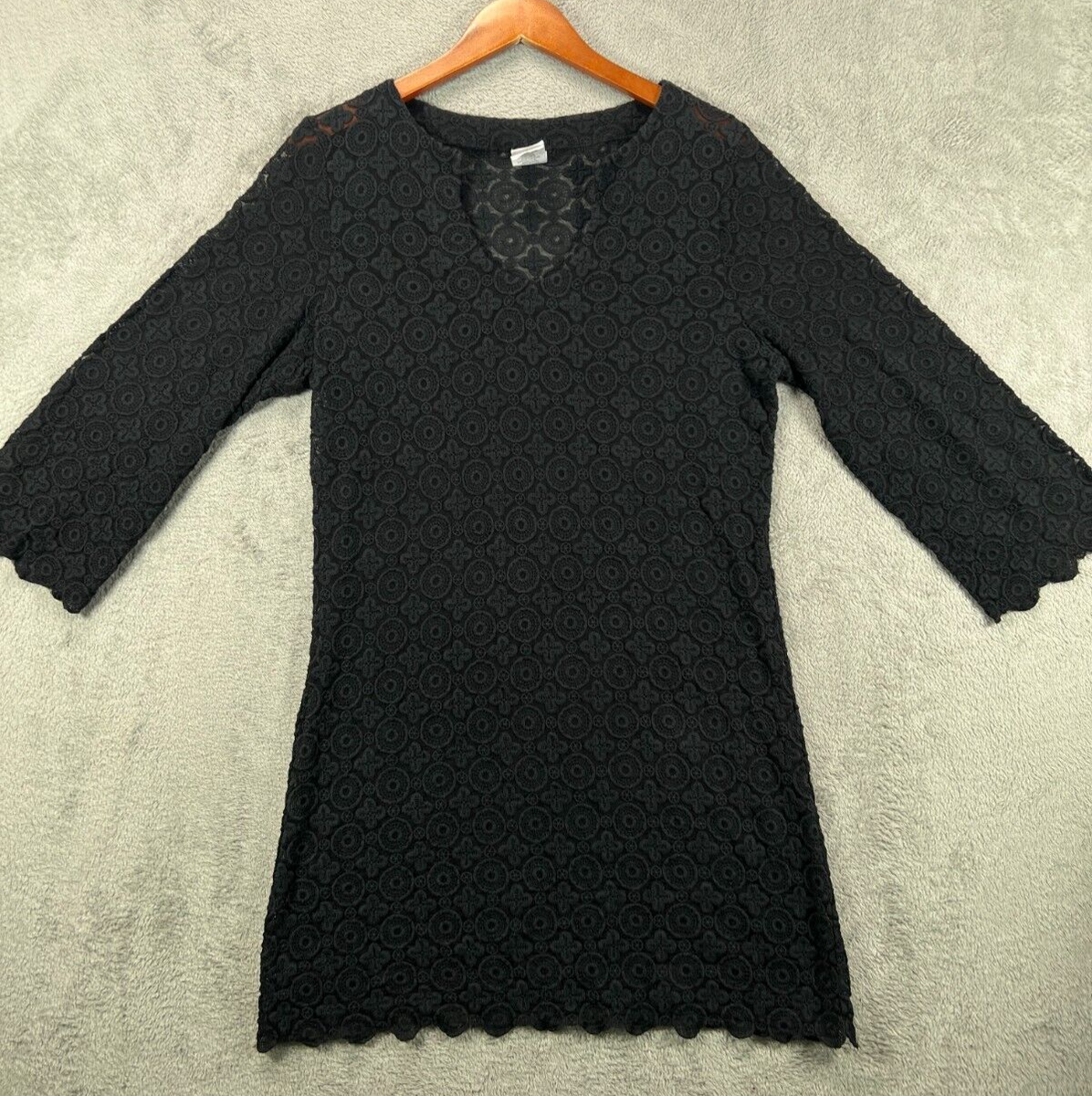 Laundry By Shelli Segal Black Full Lace Dress Scallop Womens Large 3/4  Sleeve | eBay