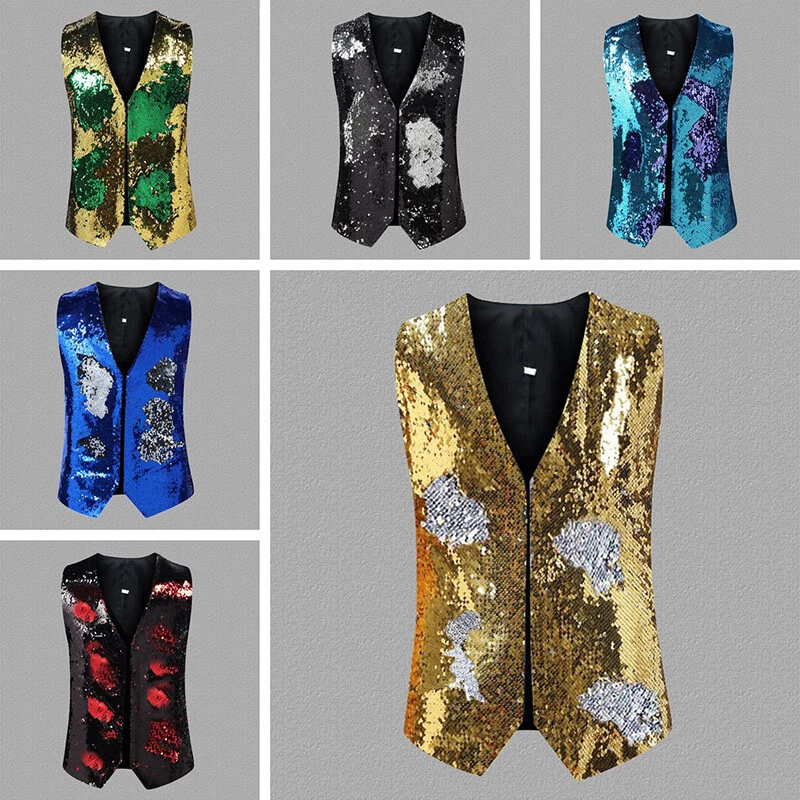 Men Reversible Two Tone Sequin Waistcoat Gilet Shiny Glitter Wedding Party Dance - Image 2 of 4