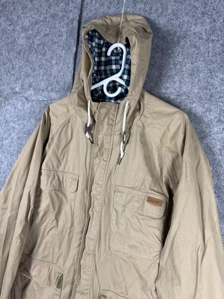 Volcom Jacket Men's XL Beige Chore Coat Full Zip Lined Hooded Pockets Military - Image 2 of 4