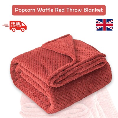 Waffelmuster Überwurf weich kuschelig rot Luxus Popcorn Reise Fleece Bett Decke King Size UK