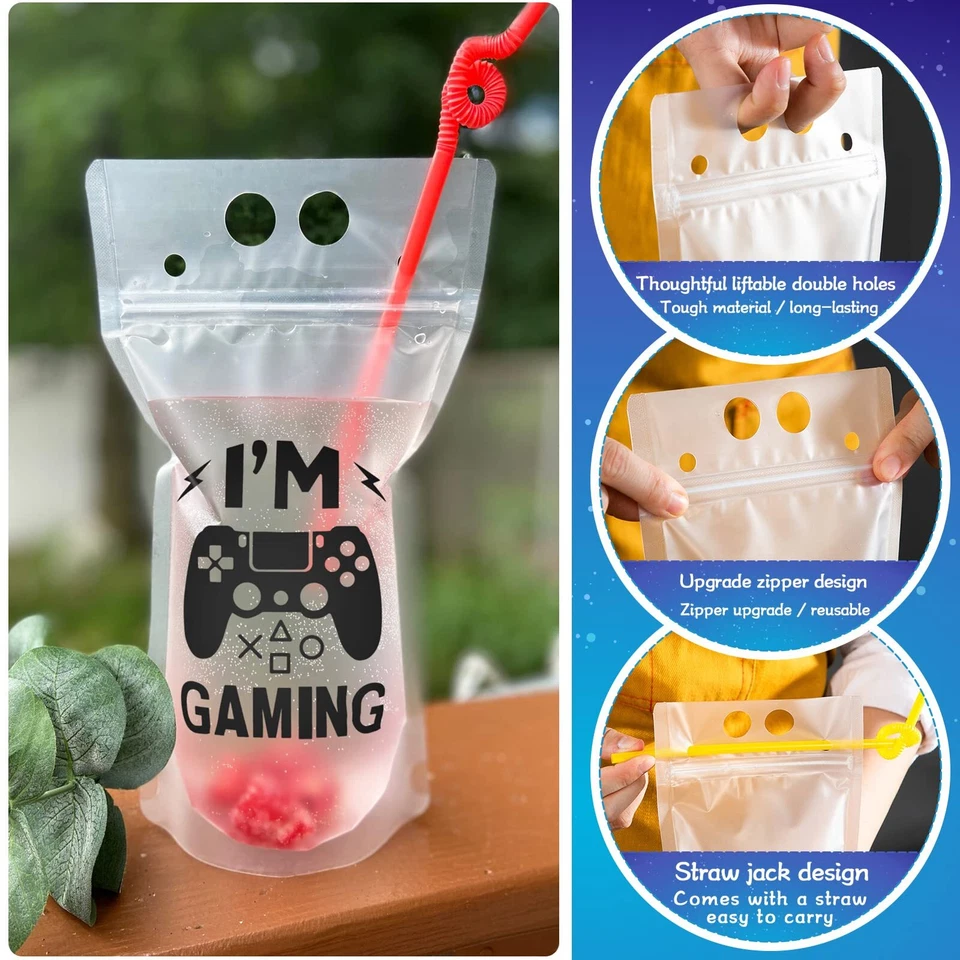 20 Piezas Videojuego Bolsa Bebida Tazas con 20 Pajitas Bolsas Plástico Bebida Foto 2 de 4