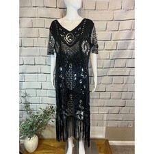Vintage 1920s Style Flapper 3X Dress Black Silver Sequin Beaded Fringe Gatsby
