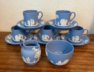 Antique WEDGWOOD Jasperware Cups, Saucers, Creamer, Sugar Bowl - Lot of 13 pcs
