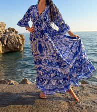 ANTICA SARTORIA 2026 BLUE WHITE ARABASQUE V NECK MAXI LONG DRESS NWT OS