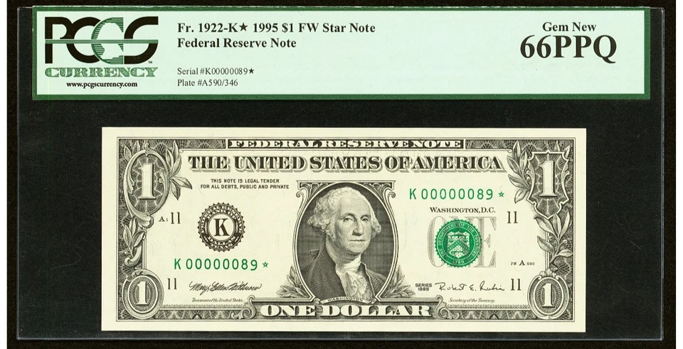 LOW TWO DIGIT SERIAL # (( 00000089 STAR )) PCGS 65 PPQ $1 series 1995 Dallas - Image 2 of 3