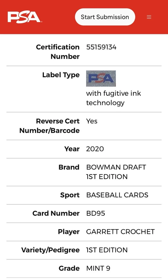 2020 Topps - Bowman 1st Edition #BD-95 Garrett Crochet 🔥PSA9🔥 BOSTON RED SOX - Image 3 of 3