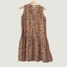 Nine West Women Tiger Print Sleeveless Drop Waist Mini Dress Tan Black XS