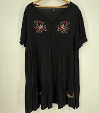 SHEIN CURVE Black Tunic Dress 4XL Tie Neck Floral Embroidery Boho Gypsy Hippie