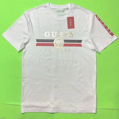 GUESS Los Angeles Men’s Short Sleeve T-Shirt SMALL White w/Black, Red, Gold NEW - Image 1 of 4