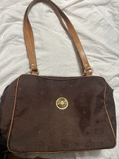 MCM Brown Logo Shoulder Bag Zip Closure Leather Strap Gold Hardware Pockets
