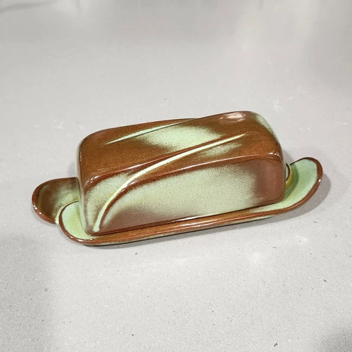 Frankoma Pottery 4K Covered Butter Dish Prairie Green Brown Vintage EUC