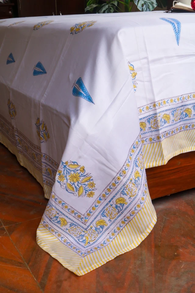Hand Block Printed Cotton Bedsheet | White Floral Bed Sheet with Floral Border - Image 3 of 4