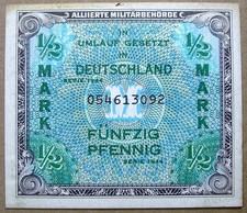 Germany 1/2 Mark 1944 WWII Allied Military Currency P-191a, Combined S/H