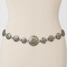 Vintage 80s Southwest Silver Tone Aluminum Concho Belt Turquoise womens small