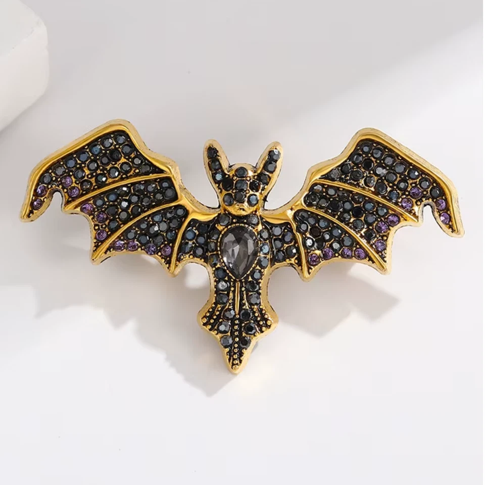 Broche prendedor vintage de murciélago de Halloween en tono dorado - regalo de bisutería de esmalte retro Foto 2 de 4
