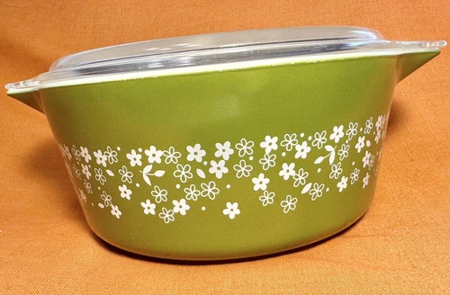 VTG Pyrex Olive Green Spring Blossom Crazy Daisy 475B 2.5 Qt Casserole Bowl Lid