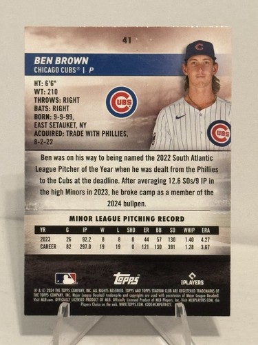 2024 Topps Stadium Club #41 Ben Brown Red Foil RC Chicago Cubs - Picture 2 of 2