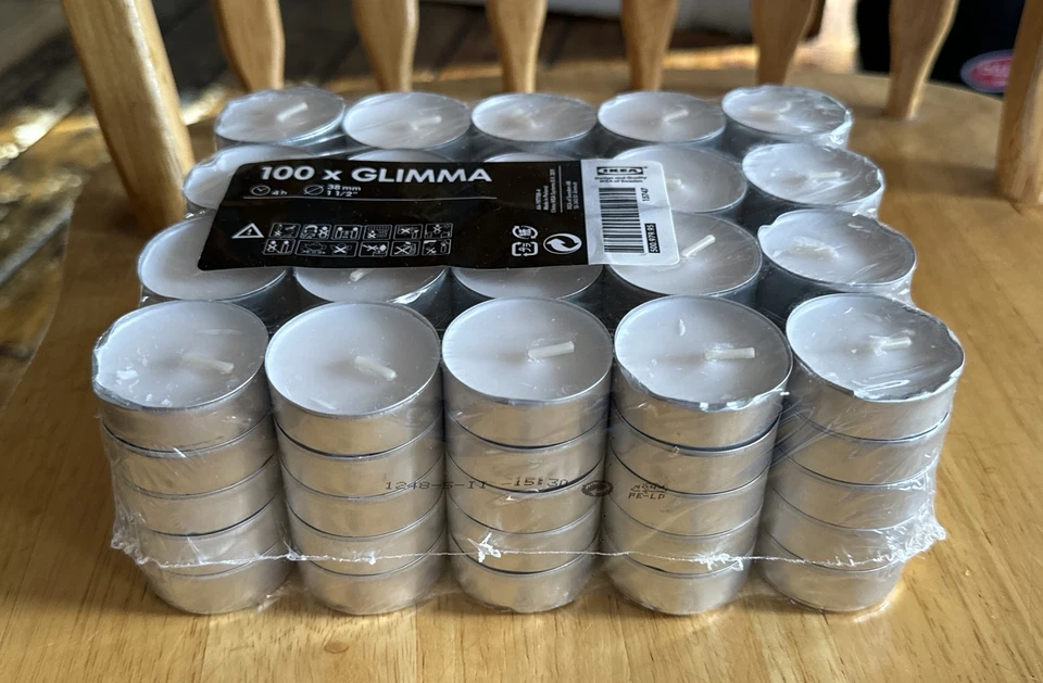 IKEA GLIMMA 100 velas de luz de té blancas sin perfume 38 mm cera tealights 4 horas Foto 2 de 3