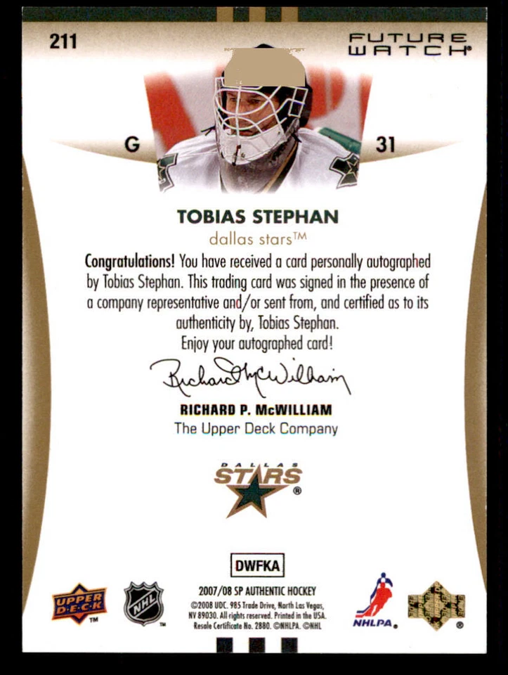 2007-08 SP Authentic #211 Tobias Stephan AU RC /999 (ref 240019) - Image 2 of 2